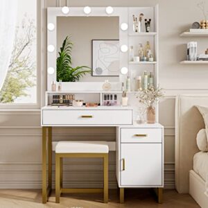 xilingol vanity desk with mirror & lights, 37" vanity set with mirror and stool, modern makeup table w/ 2 drawers & cabinet, vanity for makeup room, bedroom, white