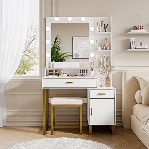Xilingol Vanity Desk with Mirror & Lights, 37" Vanity Set with Mirror and Stool, Modern Makeup Table W/ 2 Drawers & Cabinet, Vanity for Makeup Room, Bedroom, White