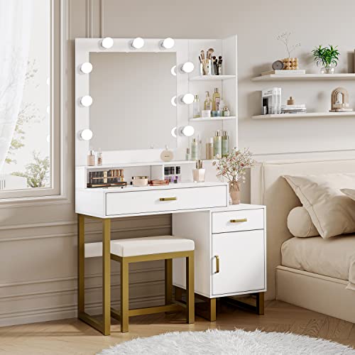 Xilingol Vanity Desk with Mirror & Lights, 37" Vanity Set with Mirror and Stool, Modern Makeup Table W/ 2 Drawers & Cabinet, Vanity for Makeup Room, Bedroom, White