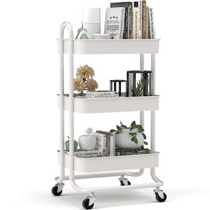 hapiclody 3 tier utility cart, metal rolling cart with wheels and handle, multi-function art cart organizer storage cart for bathroom, office, bedroom, kitchen, laundry, art room(white)