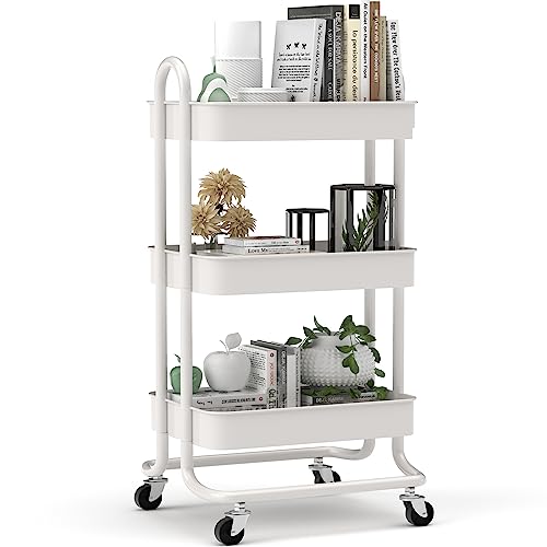 Hapiclody 3 Tier Utility Cart, Metal Rolling Cart with Wheels and Handle, Multi-Function Art cart Organizer Storage Cart for Bathroom, Office, Bedroom, Kitchen, Laundry, Art Room(White)