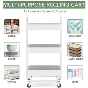 Hapiclody 3 Tier Utility Cart, Metal Rolling Cart with Wheels and Handle, Multi-Function Art cart Organizer Storage Cart for Bathroom, Office, Bedroom, Kitchen, Laundry, Art Room(White)