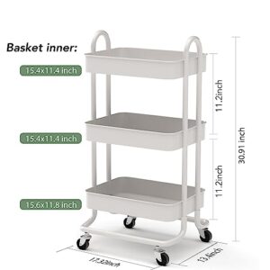 Hapiclody 3 Tier Utility Cart, Metal Rolling Cart with Wheels and Handle, Multi-Function Art cart Organizer Storage Cart for Bathroom, Office, Bedroom, Kitchen, Laundry, Art Room(White)