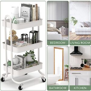 Hapiclody 3 Tier Utility Cart, Metal Rolling Cart with Wheels and Handle, Multi-Function Art cart Organizer Storage Cart for Bathroom, Office, Bedroom, Kitchen, Laundry, Art Room(White)