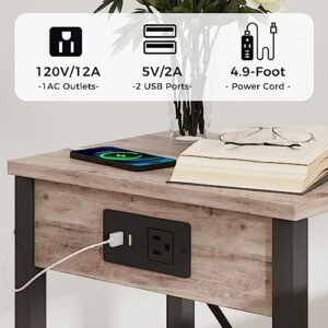 VIMBER Beside Table with Charging Station, Narrow Side Table with USB Ports and Outlets, Nightstands with 2-Tier Storage Shelves, End Table for Small Space Living Room Bedroom, Greige