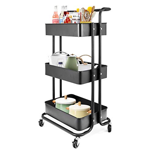 3-Tier Metal Utility Rolling Cart, Heavy Duty Multifunction Cart with Lockable Casters with Holder, Suitable for Office, Bathroom, Kitchen, Garden (Black)