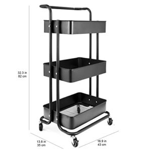 3-Tier Metal Utility Rolling Cart, Heavy Duty Multifunction Cart with Lockable Casters with Holder, Suitable for Office, Bathroom, Kitchen, Garden (Black)