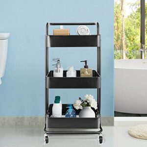 3-Tier Metal Utility Rolling Cart, Heavy Duty Multifunction Cart with Lockable Casters with Holder, Suitable for Office, Bathroom, Kitchen, Garden (Black)