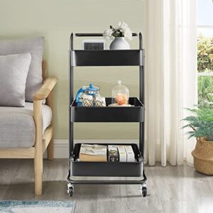 3-Tier Metal Utility Rolling Cart, Heavy Duty Multifunction Cart with Lockable Casters with Holder, Suitable for Office, Bathroom, Kitchen, Garden (Black)