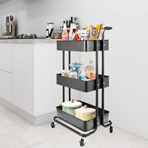 3-Tier Metal Utility Rolling Cart, Heavy Duty Multifunction Cart with Lockable Casters with Holder, Suitable for Office, Bathroom, Kitchen, Garden (Black)