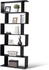 6 tier bookcase, s-shaped white bookshelf,tall bookcase freestanding display shelf for bedroom, living room, home office, black