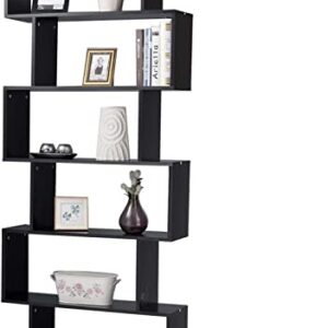 6 Tier Bookcase, S-Shaped White Bookshelf,Tall Bookcase Freestanding Display Shelf for Bedroom, Living Room, Home Office, Black