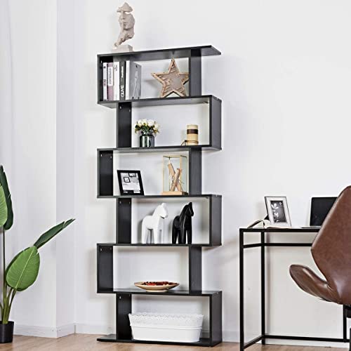 6 Tier Bookcase, S-Shaped White Bookshelf,Tall Bookcase Freestanding Display Shelf for Bedroom, Living Room, Home Office, Black