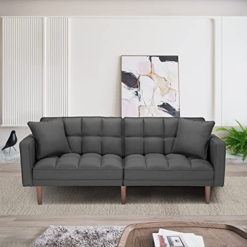 Lepfun Modern Tuft Futon Couch Convertible Loveseat Sleeper Reclining Sofa Bed Twin Size with Arms and 2 Pillows for Living Room, Dark Grey