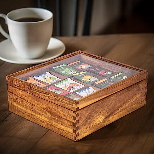 KITEISCAT Acacia Wood Tea Organizer Box - 12 Compartments, Multi-Functional Tea Bag Storage Solution