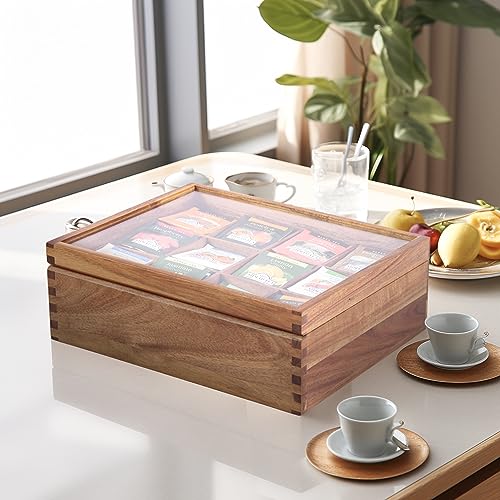 KITEISCAT Acacia Wood Tea Organizer Box - 12 Compartments, Multi-Functional Tea Bag Storage Solution