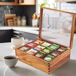 KITEISCAT Acacia Wood Tea Organizer Box - 12 Compartments, Multi-Functional Tea Bag Storage Solution