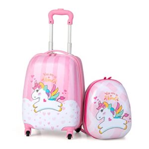 gymax kids carry on luggage set, 12" & 16" 2pcs rolling suitcase (happy pony)