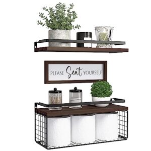 dollfio floating shelves with wall décor sign, bathroom shelves over toilet with wire storage basket, wood wall shelves with protective metal guardrail– brown