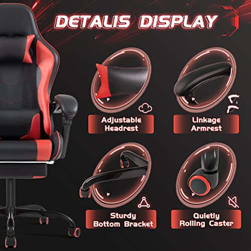 Shahoo Gaming Chair with Footrest and Massage Lumbar Support, Video Racing Seat Height Adjustable with 360°Swivel and Headrest for Office or Bedroom, Red