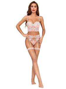 wdirara women's floral lace embroidered push up garter lingerie set with stockings pink multi m