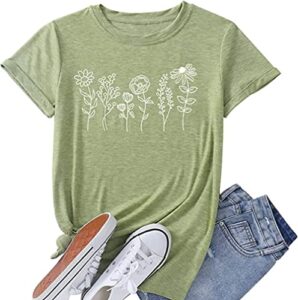floral graphic t shirt women wildflower print vintage tees top funny summer short sleeve crew neck casual shirts (x-large, light green)