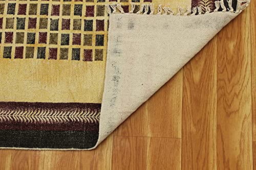 Casavani Hand Block Printed Cotton Dhurrie Geometric Yellow & Brown Area Rug Easy Washable Dhurrie Best Uses For Bedroom,Living Room,Dining Room,Bathroom,Kitchen 3x10 Feet Runner