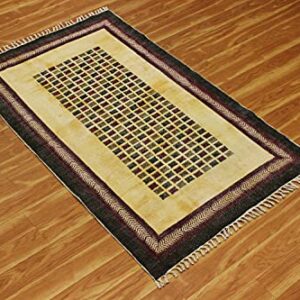 Casavani Hand Block Printed Cotton Dhurrie Geometric Yellow & Brown Area Rug Easy Washable Dhurrie Best Uses For Bedroom,Living Room,Dining Room,Bathroom,Kitchen 3x10 Feet Runner