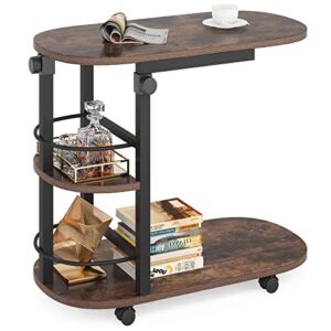 little tree side height adjustable c table with wheels, black rustic brown