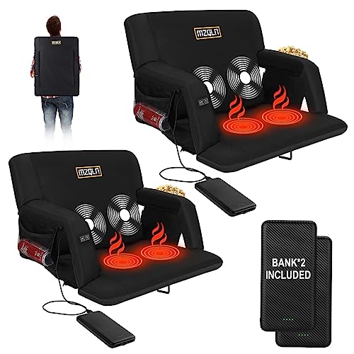 Heated Massage Stadium Seats, 25 Inche Folding Bleacher Chair with 10000mAh Portable Power*2, 3 Levels of Heat&Massage, 6 Reclining Positions for Camping, Games, Sports, and Other Outdoor Activities