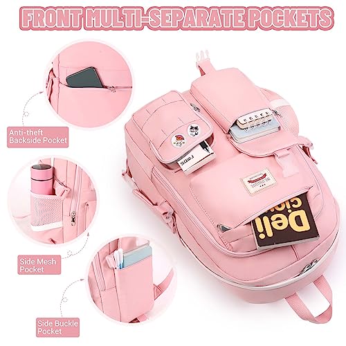 SCIONE School Backpacks for Girls - 15.6 Inch Large Pink Laptop Backpacks Anti Theft Primary Middle College Bookbags for Teens Girls Women Students