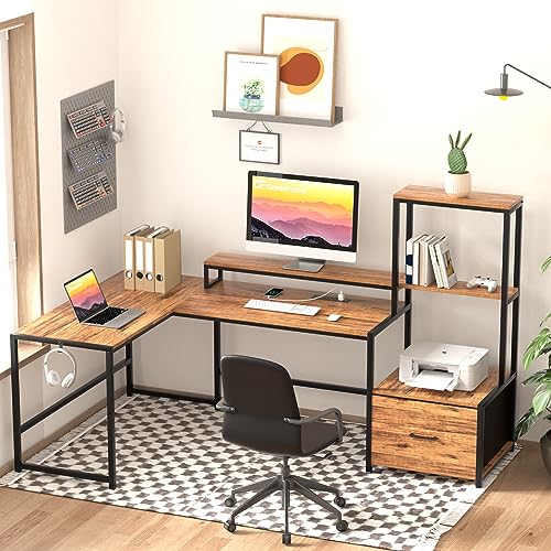 GreenForest L Shaped Desk with Drawers and Printer Stand,Power Outlets, 70 in Reversible Computer Desk with Monitor Stand and 2-Tier Shelves,Hook for Home Office Writing Study Work Table,Walnut