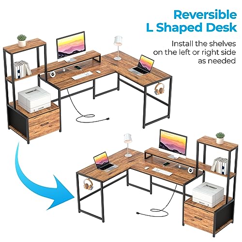 GreenForest L Shaped Desk with Drawers and Printer Stand,Power Outlets, 70 in Reversible Computer Desk with Monitor Stand and 2-Tier Shelves,Hook for Home Office Writing Study Work Table,Walnut