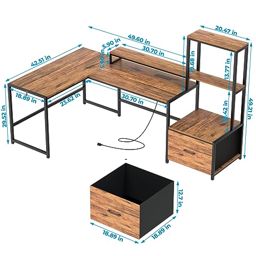 GreenForest L Shaped Desk with Drawers and Printer Stand,Power Outlets, 70 in Reversible Computer Desk with Monitor Stand and 2-Tier Shelves,Hook for Home Office Writing Study Work Table,Walnut