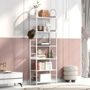 avgvlij tall bookcase, 6 tier bookshelf storage organizer, modern book shelf adjustable foot pads for bedroom, bathroom, living room and home office (white)