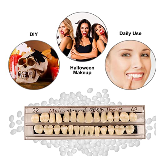 56 Pieces False Teeth, 2 Sets Whole Teeth Synthetic Polymer Denture Teeth, 22 Shade A3 Upper + Lower Dental Materials for Replacement, DIY, or Halloween