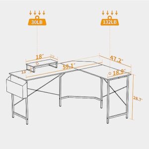 CubiCubi L Shaped Gaming Desk, 59.1 inch Computer Corner Desk with Monitor Shelf for Home Office Study Writing Workstation, Black
