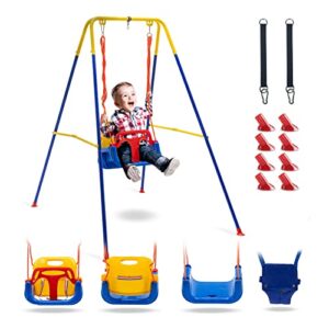 4-in-1 Swing Set & Baby Jumper, Toddler Swing with Foldable Metal Stand and Safety Belt, Baby Swings & Baby Bouncers Outdoor/Indoor for Infants to Toddler, Indoor Swing for Kids 6 Month+ (Blue)