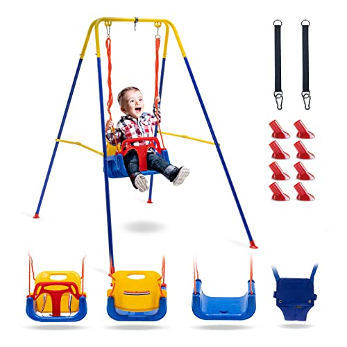 4-in-1 Swing Set & Baby Jumper, Toddler Swing with Foldable Metal Stand and Safety Belt, Baby Swings & Baby Bouncers Outdoor/Indoor for Infants to Toddler, Indoor Swing for Kids 6 Month+ (Blue)