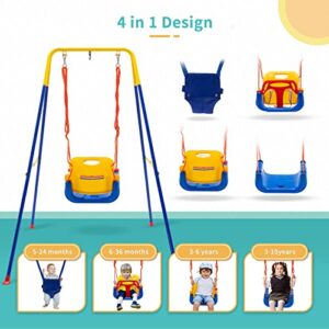 4-in-1 Swing Set & Baby Jumper, Toddler Swing with Foldable Metal Stand and Safety Belt, Baby Swings & Baby Bouncers Outdoor/Indoor for Infants to Toddler, Indoor Swing for Kids 6 Month+ (Blue)