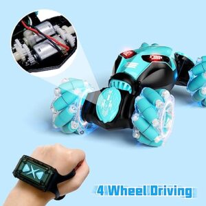 Remote Control Car, Gesture Sensor RC Stunt Cars Toys for Boys Age 6 7 8 9 10 11 12+ Years Old, 2.4GHz 4WD RC Double Sided 360° Flips Off Road Vehicle Toy with Lights/Music, Gifts for Kids Girls Blue
