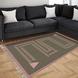 casavani hand block printed area rug geometric green & pink cotton dhurrie washable kitchen rugs with tassels for bedroom,laundry,living room,porch 4x6 5x8 2x3 feet