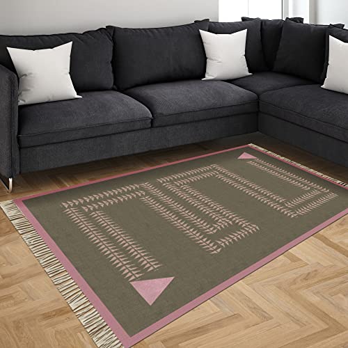 Casavani Hand Block Printed Area Rug Geometric Green & Pink Cotton Dhurrie Washable Kitchen Rugs with Tassels for Bedroom,Laundry,Living Room,Porch 4x6 5x8 2x3 Feet