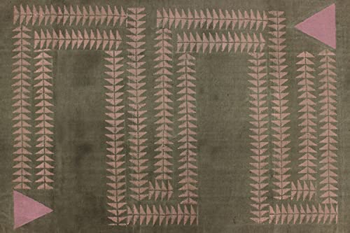 Casavani Hand Block Printed Area Rug Geometric Green & Pink Cotton Dhurrie Washable Kitchen Rugs with Tassels for Bedroom,Laundry,Living Room,Porch 4x6 5x8 2x3 Feet