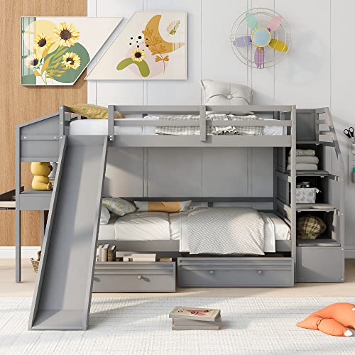 SIYSNKSI Twin Over Twin Bunk Bed with Storage Staircase and Slide, Wooden Bunk Bed Frame with Desk and Drawers, Multifunctional Bunk Bed for Kids Teens Adult Bedroom (Gray + Pine-Twin-04)
