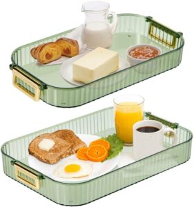 vandhome serving tray with handle set of 2 rectangular tray/platters for food organizer, snacks, cookies, dessert, breakfast, stackable sturdy and easy clean serving tray, 13" x 7" & 15" x 9.6" green