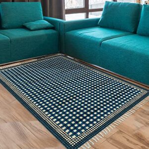casavani hand block printed area rug hand made geometric blue tassel rug cotton easy washable rugs best uses for doormat entryway kids room bedroom hallway 4x8 6x8 7x7 feet square