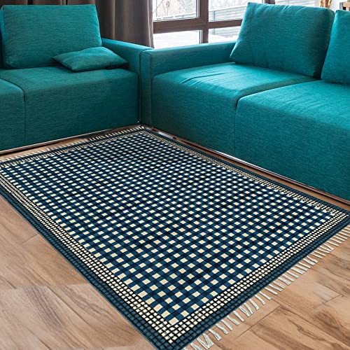 Casavani Hand Block Printed Area Rug Hand Made Geometric Blue Tassel Rug Cotton Easy Washable Rugs Best Uses For Doormat Entryway Kids Room Bedroom Hallway 4x8 6x8 7x7 Feet Square