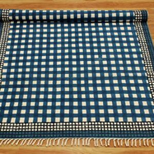 Casavani Hand Block Printed Area Rug Hand Made Geometric Blue Tassel Rug Cotton Easy Washable Rugs Best Uses For Doormat Entryway Kids Room Bedroom Hallway 4x8 6x8 7x7 Feet Square