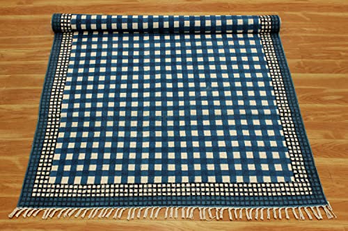 Casavani Hand Block Printed Area Rug Hand Made Geometric Blue Tassel Rug Cotton Easy Washable Rugs Best Uses For Doormat Entryway Kids Room Bedroom Hallway 4x8 6x8 7x7 Feet Square